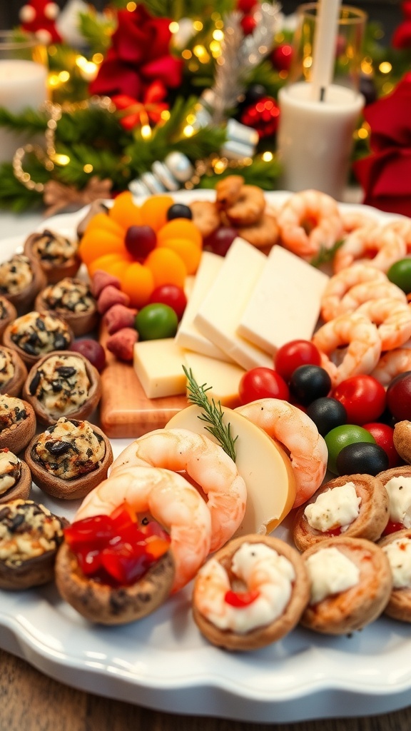 A festive platter of Christmas appetizers including stuffed mushrooms, cheese, shrimp cocktail, and cranberry brie bites.